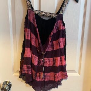 Free People Pink and Black Asymmetrical Tie Front Camisole